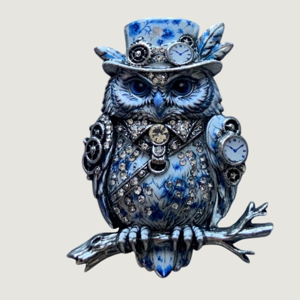 Steampunk Owl Brooch Pin Blue Chinoiserie Enamel Clock Gears Rhinestone 2"